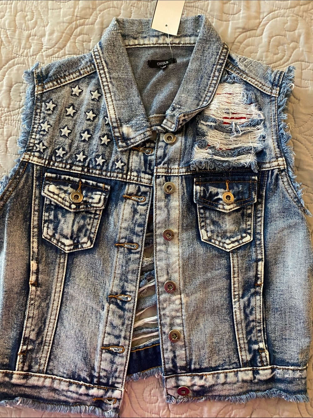 Papaya Chiqle Distressed Light Blue Denim Vest.